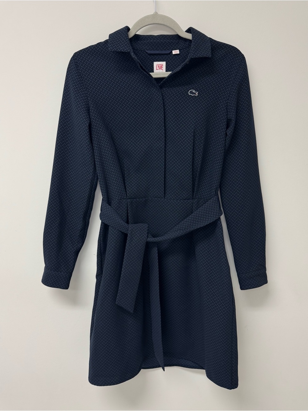 Lacoste Live Belted Piqué Long Sleeve Dress in Blue Pattern, Size S